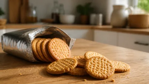 Biscoitos crocantes ao lado de um pacote aberto na cozinha