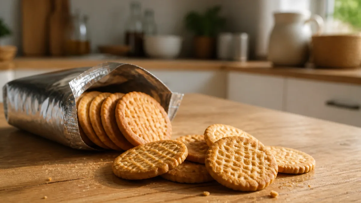 Biscoitos crocantes ao lado de um pacote aberto na cozinha