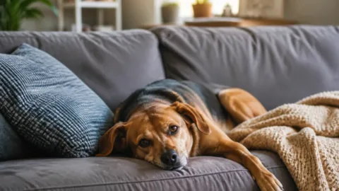 Cachorro deitado no lugar onde o dono estava no sofá