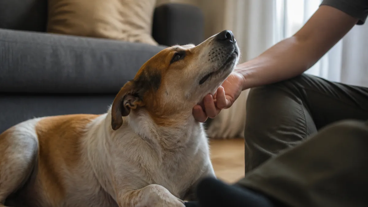 Cão empurrando a mão do tutor com o focinho
