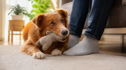 Cachorro com brinquedo deitado perto do dono