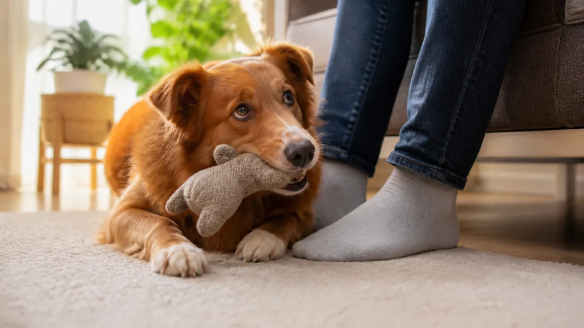 Cachorro com brinquedo deitado perto do dono