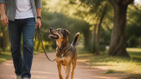 Cachorro olhando para o dono durante um passeio