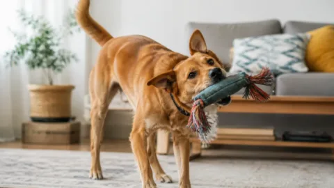Cachorro sacudindo um brinquedo de tecido dentro de casa