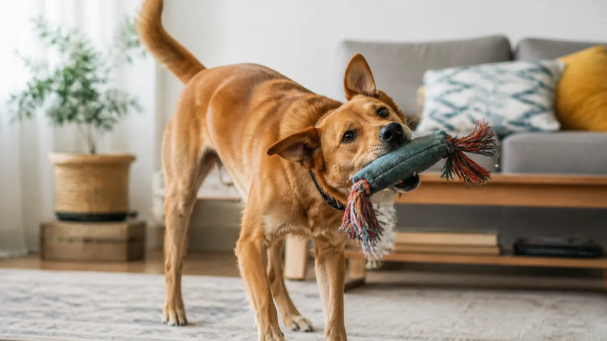 Cachorro sacudindo um brinquedo de tecido dentro de casa