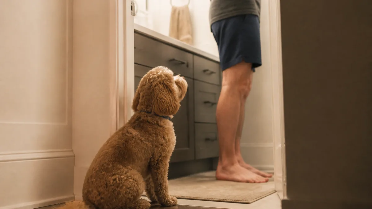 Cachorro acompanha o dono até a porta do banheiro