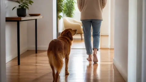 Cão seguindo uma pessoa dentro de casa