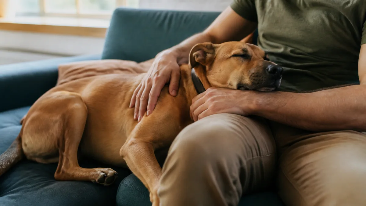 Cachorro encostado no corpo do dono dentro de casa