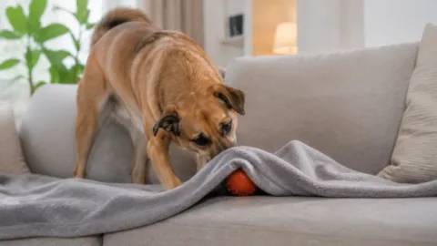 Cachorro escondendo um brinquedo sob uma manta no sofá