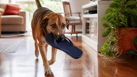 Cachorro carregando um chinelo pela sala de casa