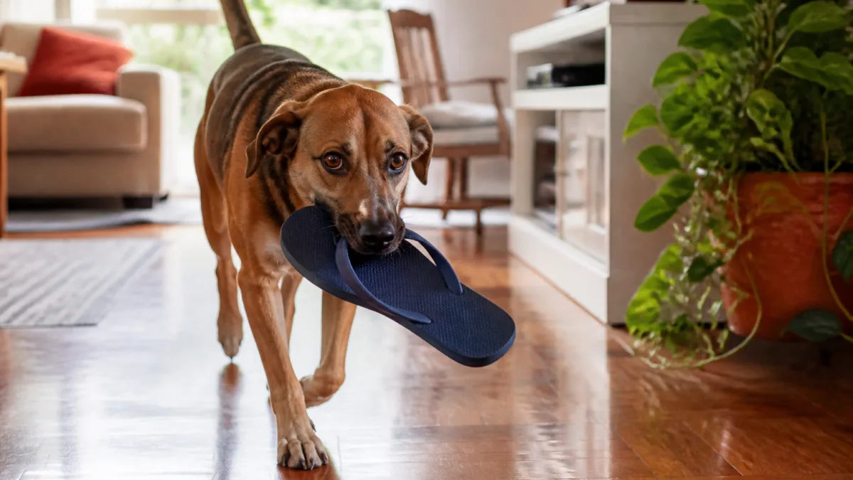 Cachorro carregando um chinelo pela sala de casa