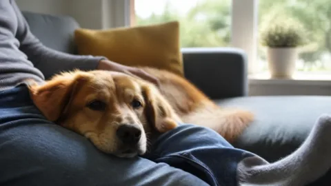 Cachorro relaxado deitado perto do dono no sofá
