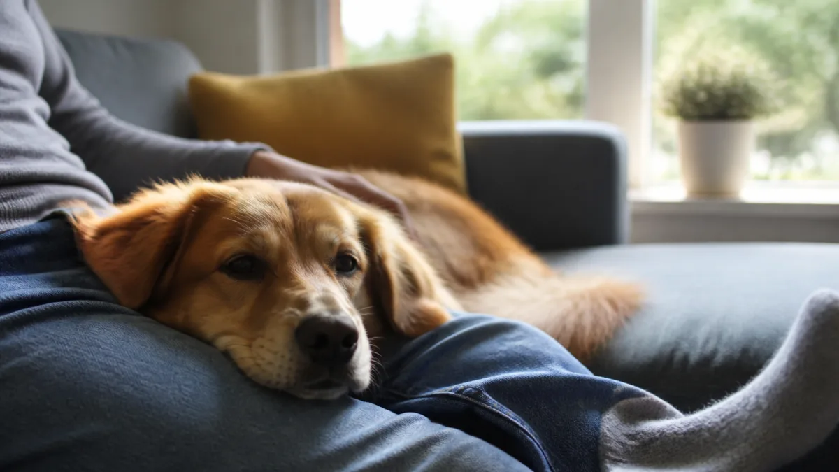Cachorro relaxado deitado perto do dono no sofá