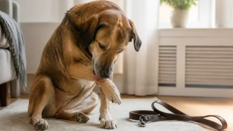 Cão lambendo a pata depois do passeio