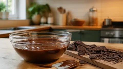 Tigela com chocolate derretido e pedaços de chocolate