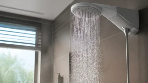 Chuveiro liberando água em um banheiro residencial