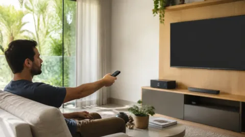 Pessoa apontando controle remoto para uma televisão na sala