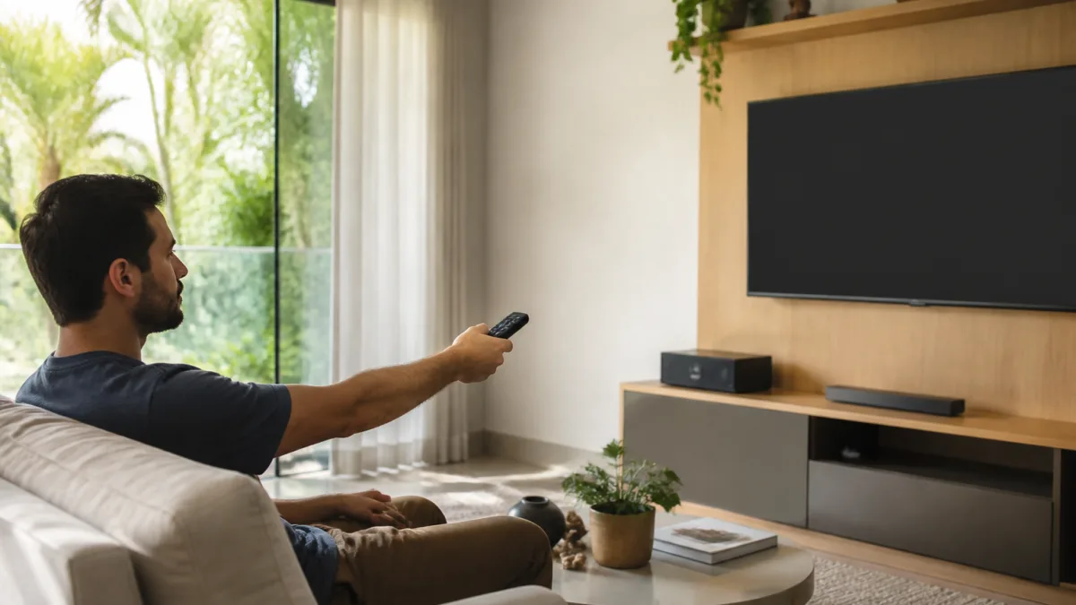 Pessoa apontando controle remoto para uma televisão na sala