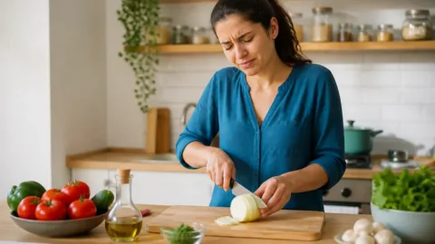 Pessoa cortando cebola em uma cozinha