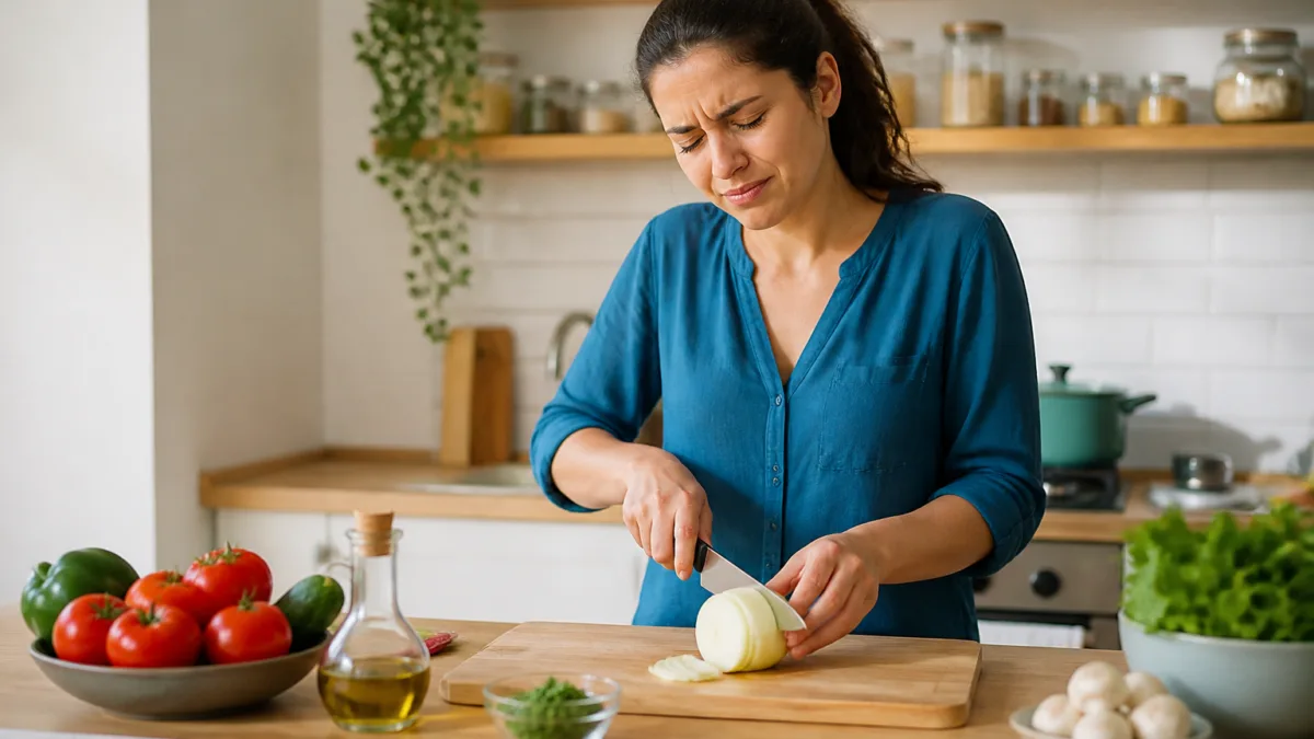 Pessoa cortando cebola em uma cozinha