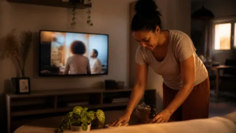 Pessoa em uma sala com a televisão ligada ao fundo