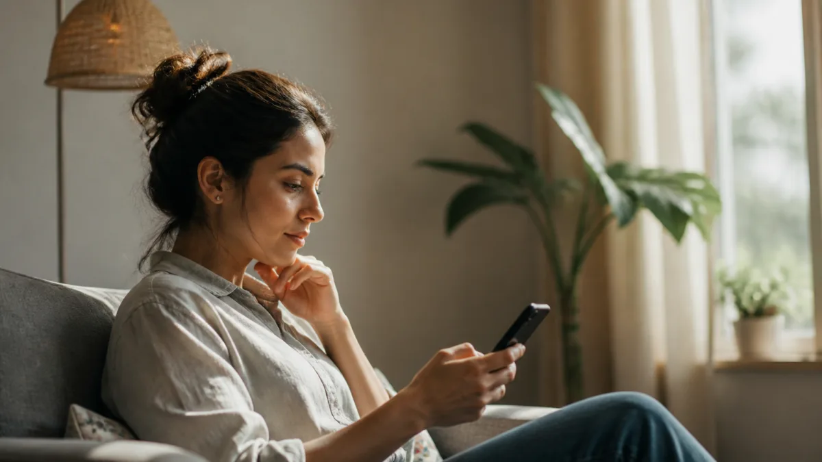 Pessoa olhando pensativa para o celular durante uma conversa por mensagem