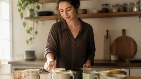 Pessoa escolhendo um copo específico entre utensílios domésticos