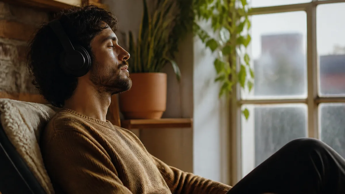 Pessoa ouvindo música com fones de ouvido em ambiente aconchegante
