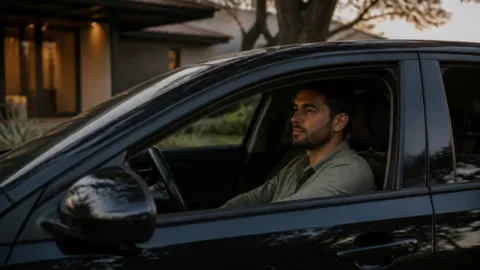 Pessoa parada dentro do carro antes de entrar em casa