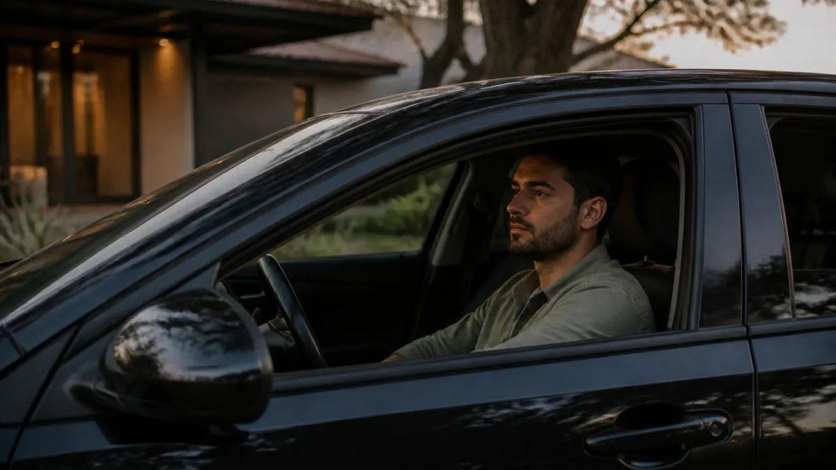 Pessoa parada dentro do carro antes de entrar em casa