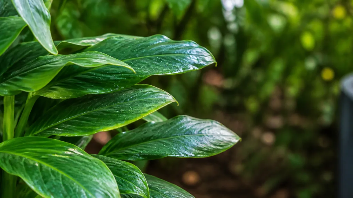 Folhas verdes com aparência brilhante e pegajosa em uma planta ornamental