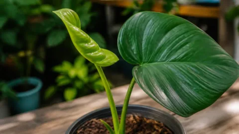 Folha nova torcida em uma planta saudável