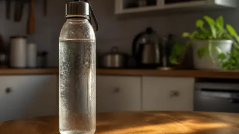 Garrafa cheia de água sobre uma mesa em ambiente aquecido
