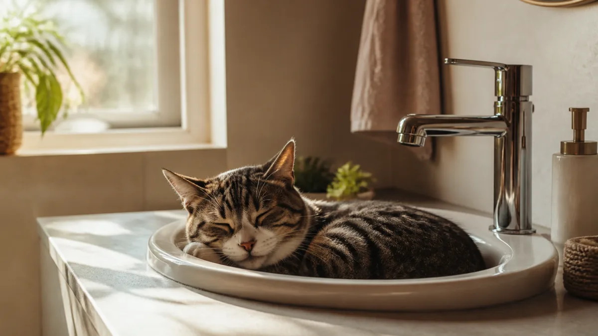 Gato dormindo encolhido dentro de uma pia limpa