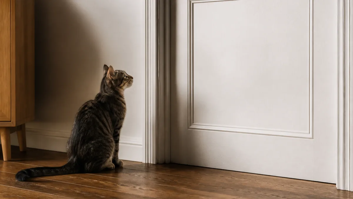 Gato miando diante de uma porta fechada dentro de casa