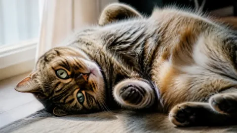 Gato deitado de costas com a barriga à mostra