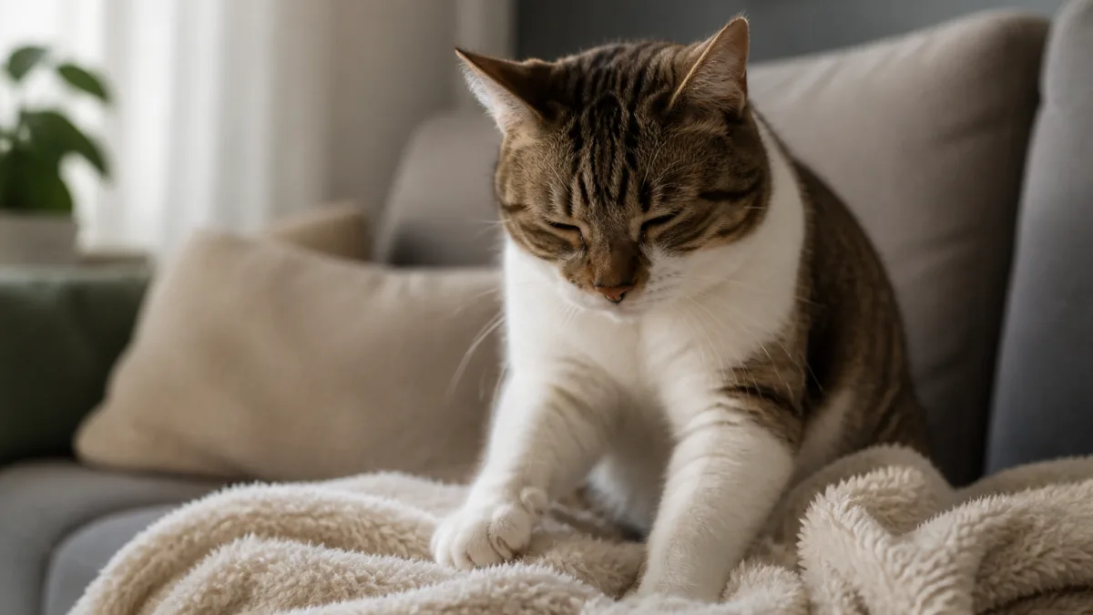 Gato amassando uma manta macia com as patas