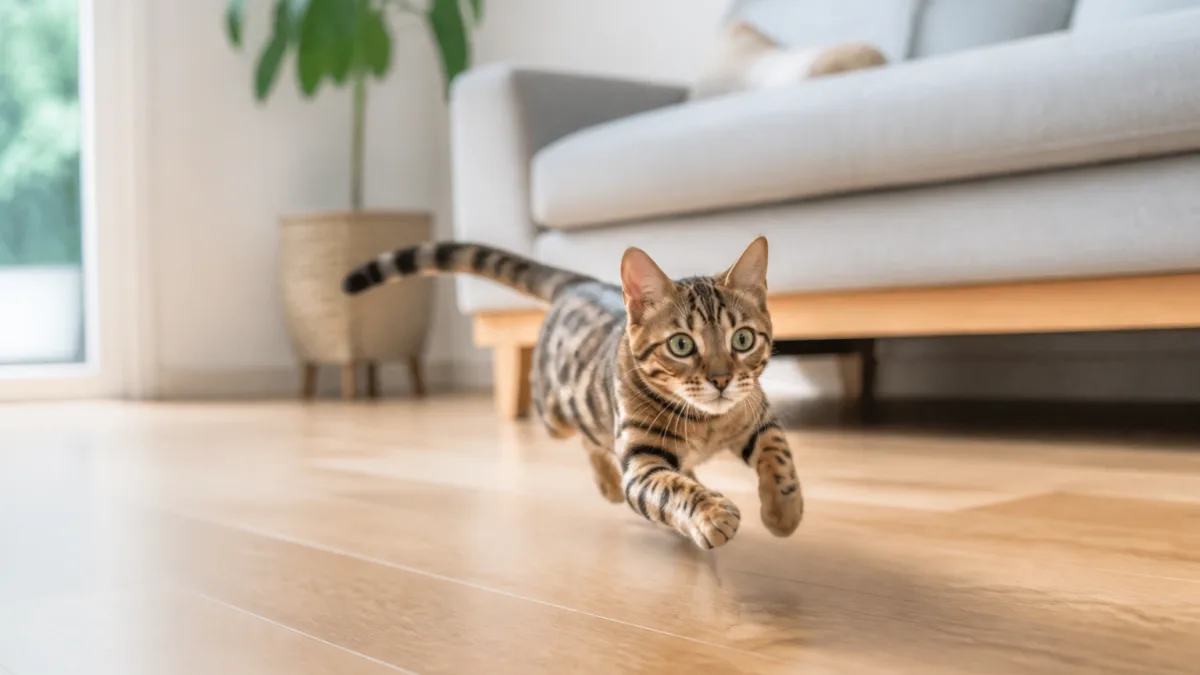 Gato correndo pela sala de casa