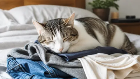 Gato dormindo sobre roupas usadas pelo dono