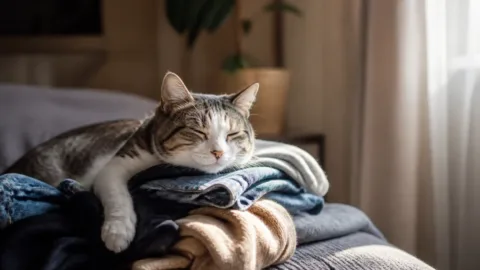 Gato dormindo sobre roupas usadas do tutor