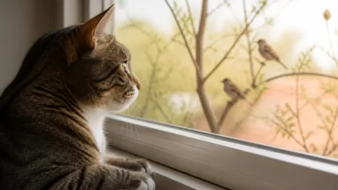 Gato observando pássaros pela janela