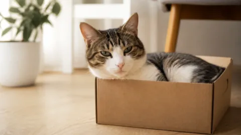 Gato dentro de uma caixa de papelão em casa
