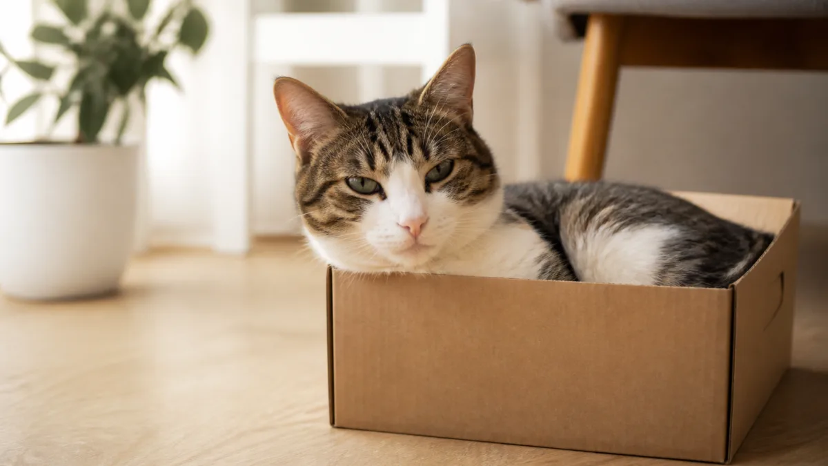 Gato dentro de uma caixa de papelão em casa