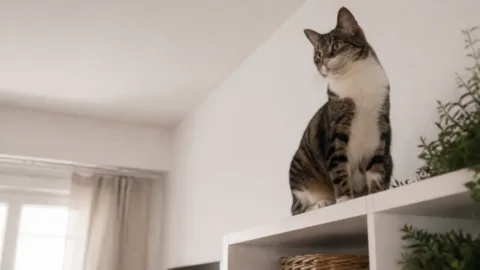 Gato sentado em uma prateleira alta dentro de casa