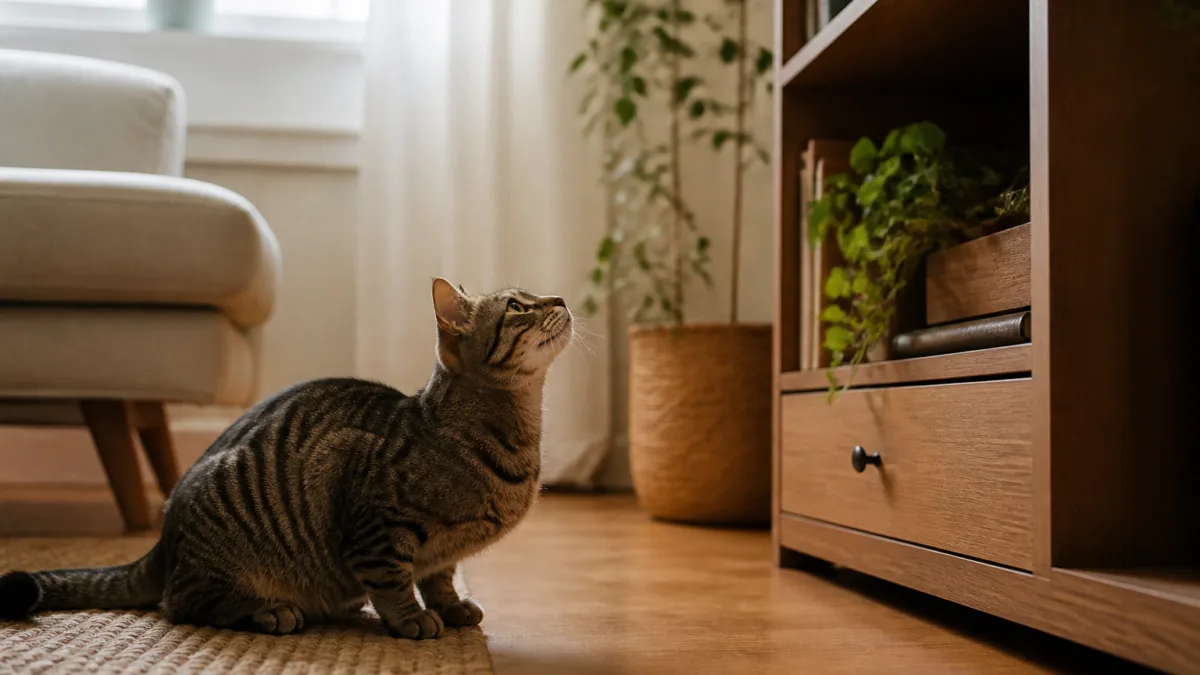 Gato olhando para um móvel alto antes de pular