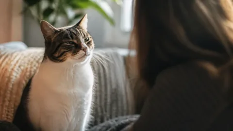 Gato piscando devagar enquanto olha para uma pessoa