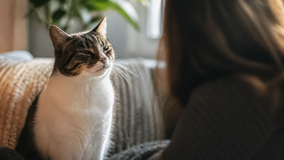 Gato piscando devagar enquanto olha para uma pessoa