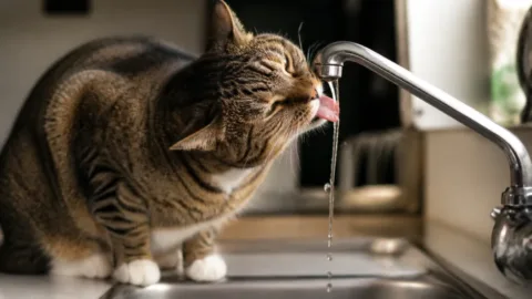 Gato bebendo água corrente diretamente da torneira