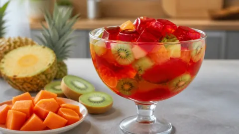 Taça de gelatina com frutas frescas ao lado