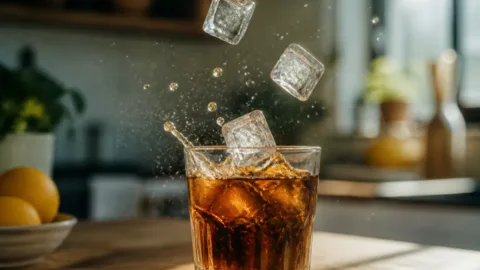 Cubos de gelo rachando ao cair em uma bebida gelada